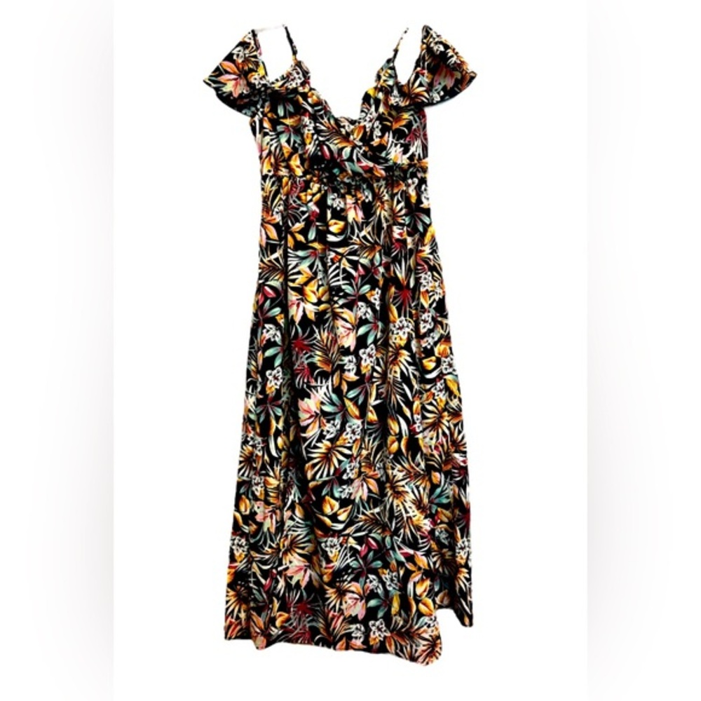 SHEIN Black Floral Tropical Off The Shoulder Maxi Dress Side Split Size 0X
